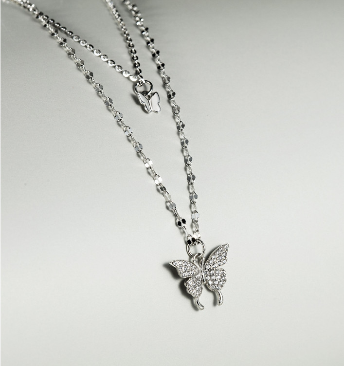 Silver Double Butterflies Pave Cubic Zirconia Pendant Chain Necklace
