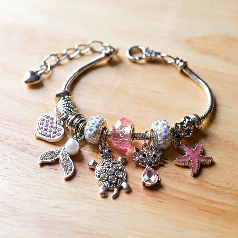 NEW Silver-Tone Snake Chain Charm Bracelet Pink Crystal Beads Sea Life Theme