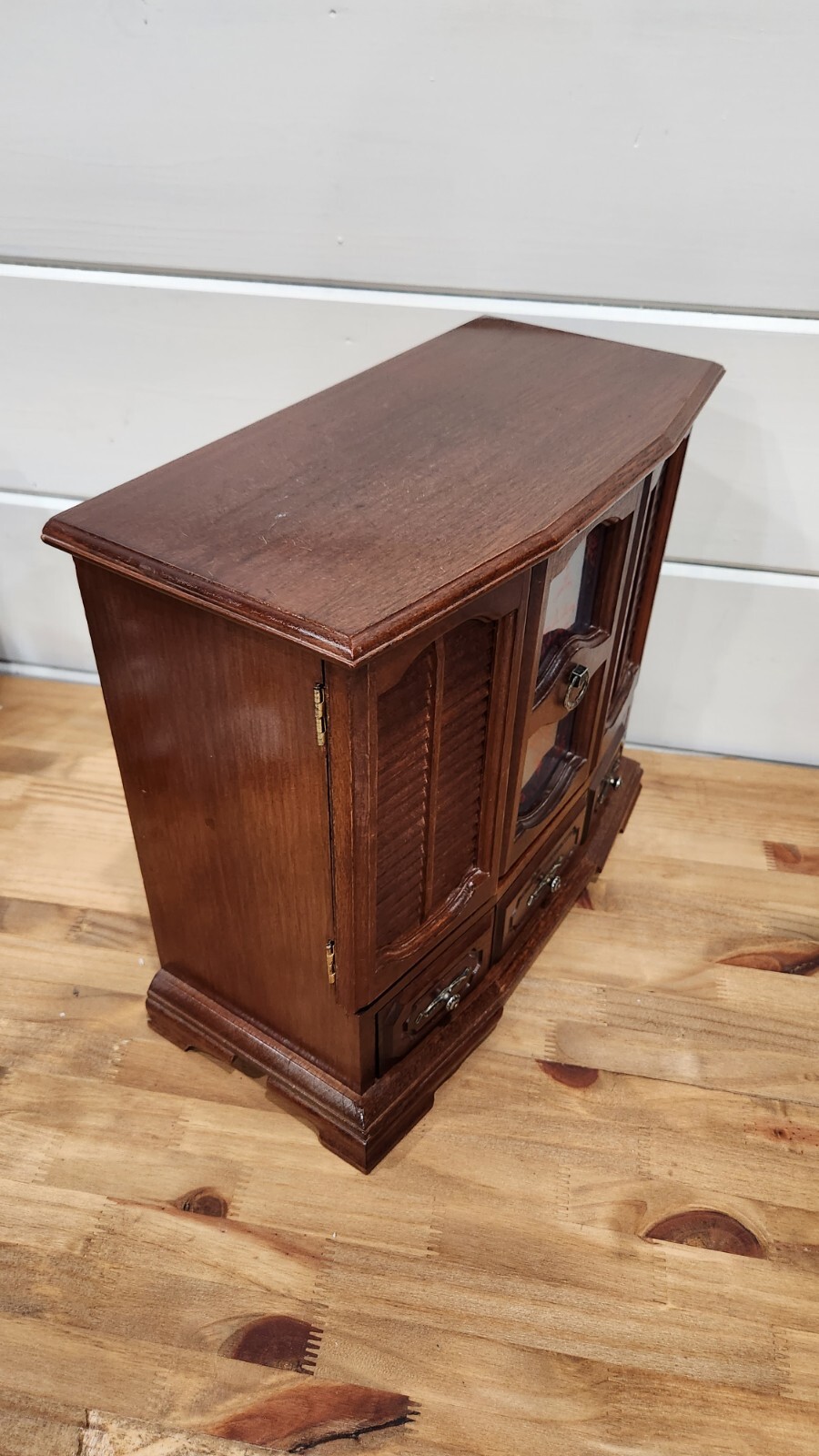 Wood Jewelry Box Table Top Velvet Lined Drawers 13″ X 14″ Vintage Taiwan