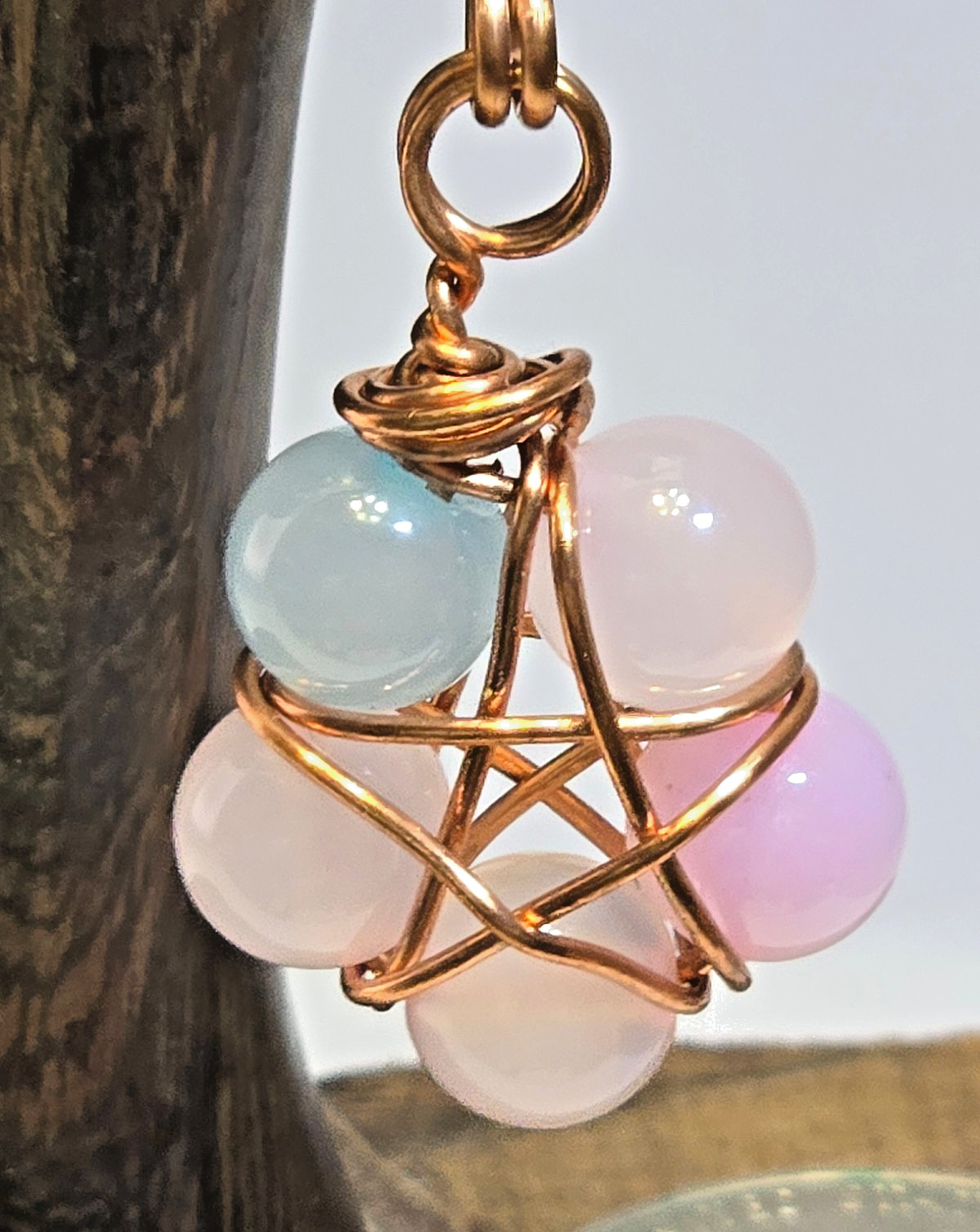 Copper Wire Wrapped 5-Point Star Pendant with Morganite & 8mm Beads