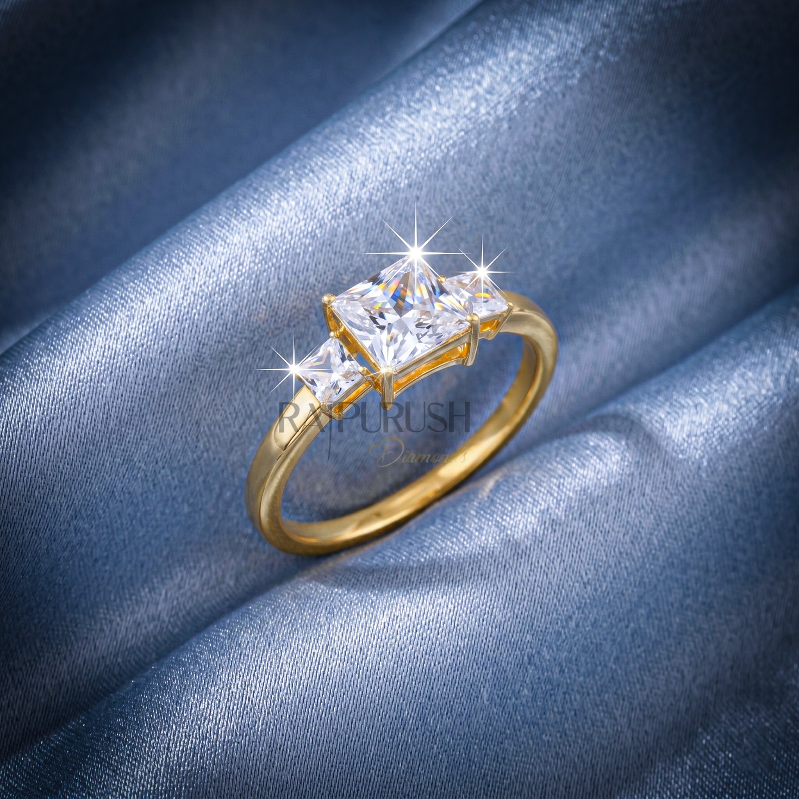 Princess Cut Moissanite Three Stone Engagement Ring – 14k Gold Plated Silver