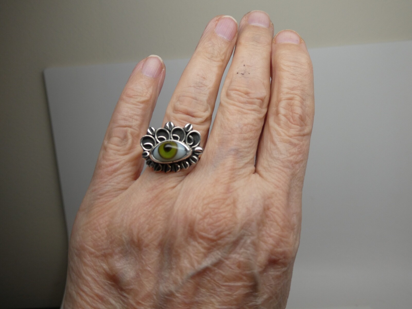 Green Evil EYE Sterling Silver 925 Taxco Mexico RING Adjustable Size 7 to 9