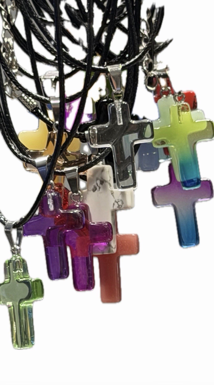 Green Glass Cross Charm Pendant Necklace Silver Tone Black Cord Religious