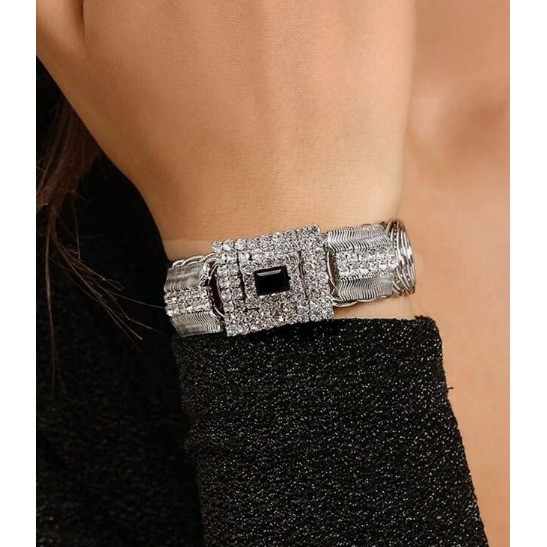 Rhinestone Spring Bangle Bracelet Silver Tone Black Stone Statement Cuff