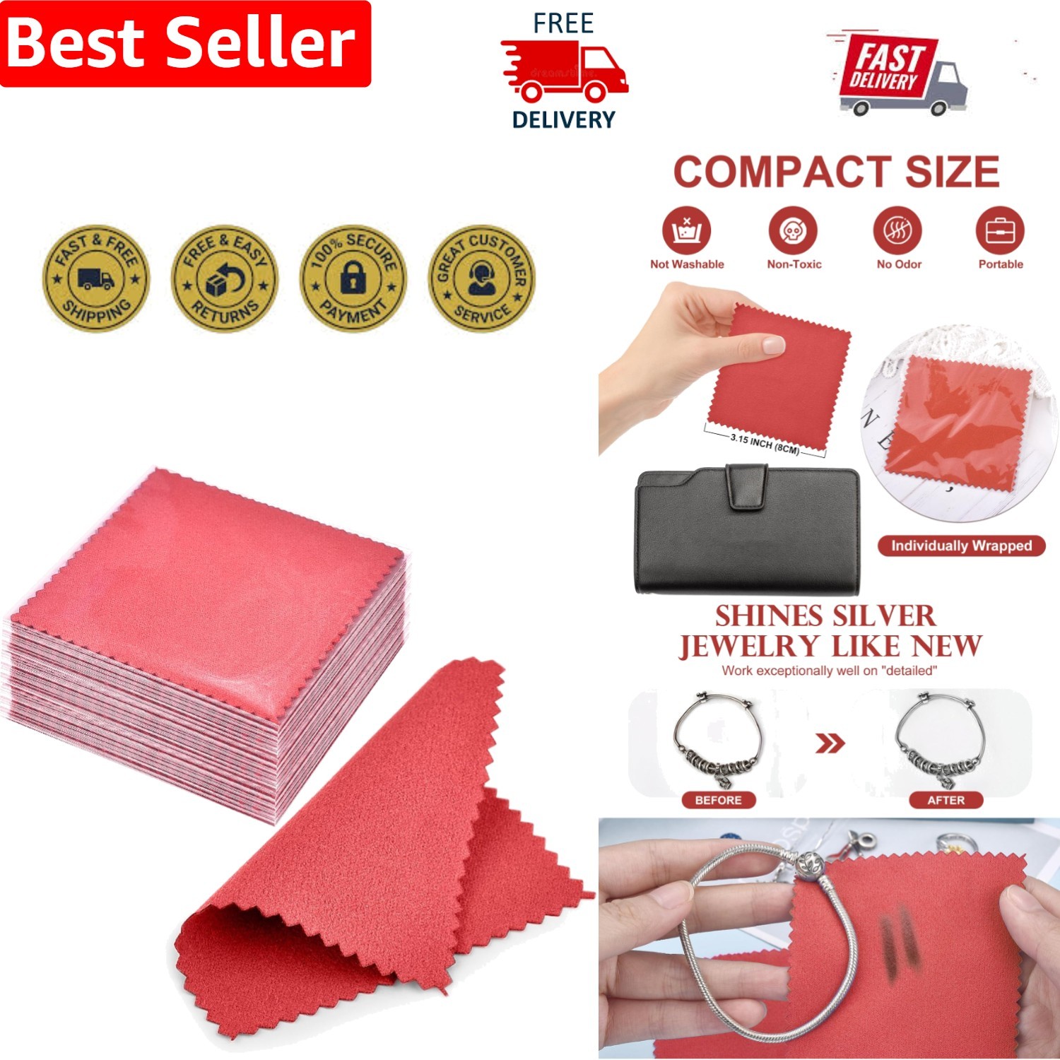 50 Individually Wrapped Pink Suede Polishing Cloths for Jewelry Care – 3×3 Inch