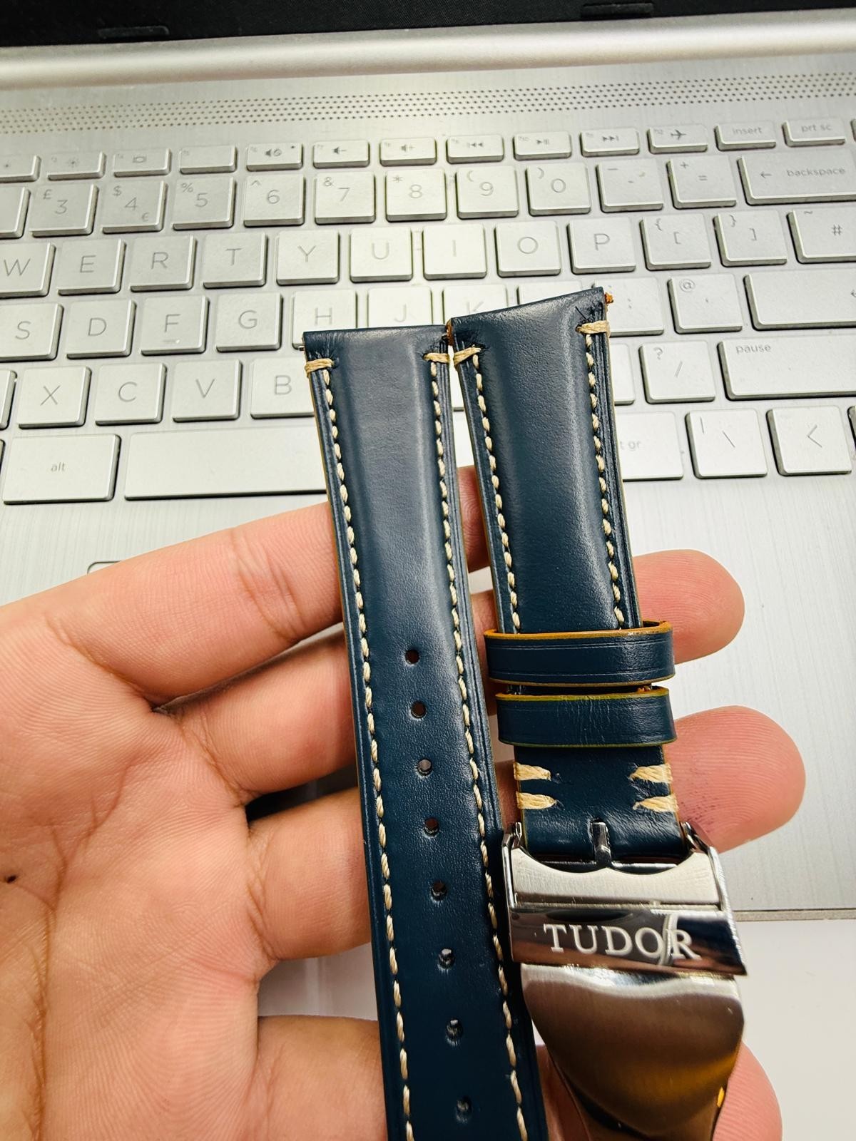 Tudor 22mm Dark Blue Leather Watch Strap With Silver Deployment Clasp Solid