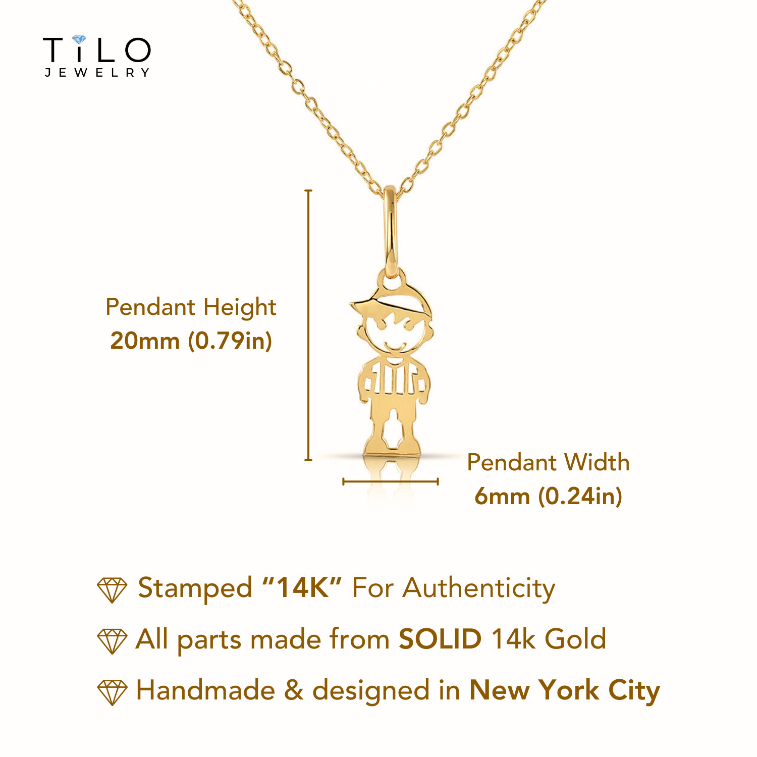 14K Real Solid Yellow Gold Baby Little Boy Kids Pendant Charm Necklace 18 in