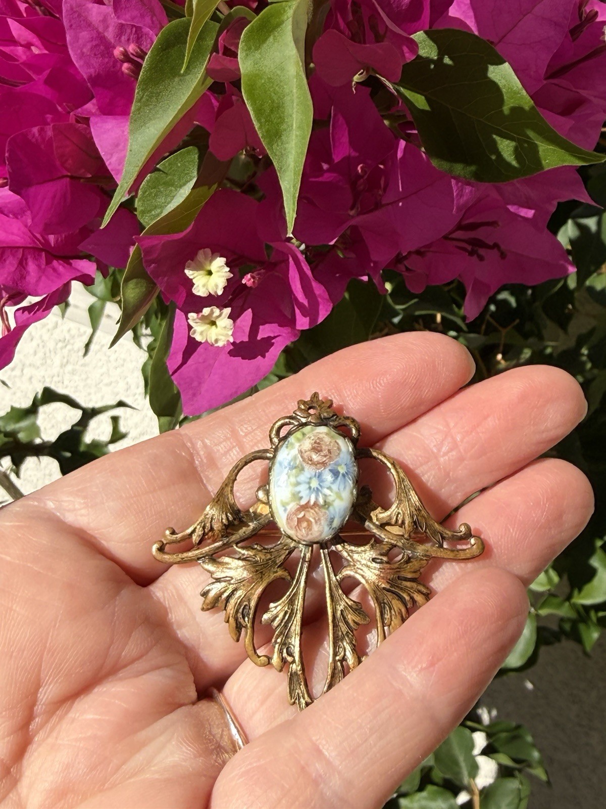 Vintage Ornate Brass Victorian Revival Brooch Pin With Ceramic Porcelain Flowers