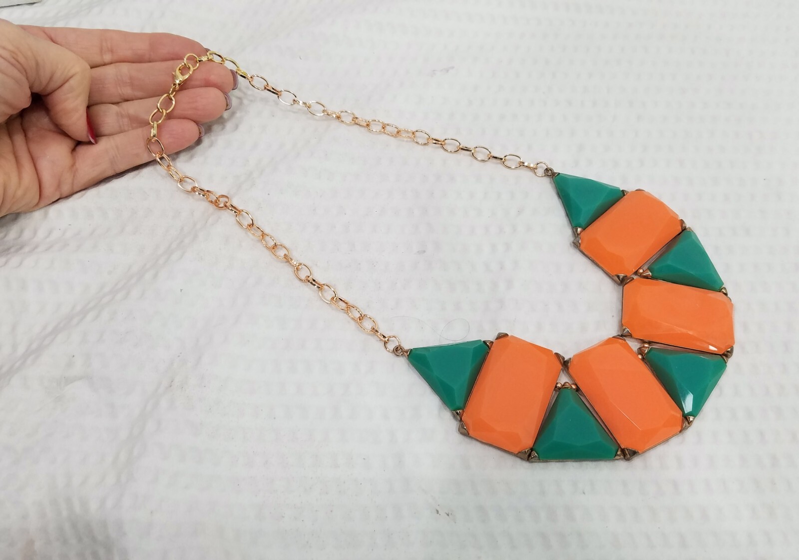 Vintage Orange and Green Acrylic Geo Tile Mosiac Bib Gold Tone Choker Necklace