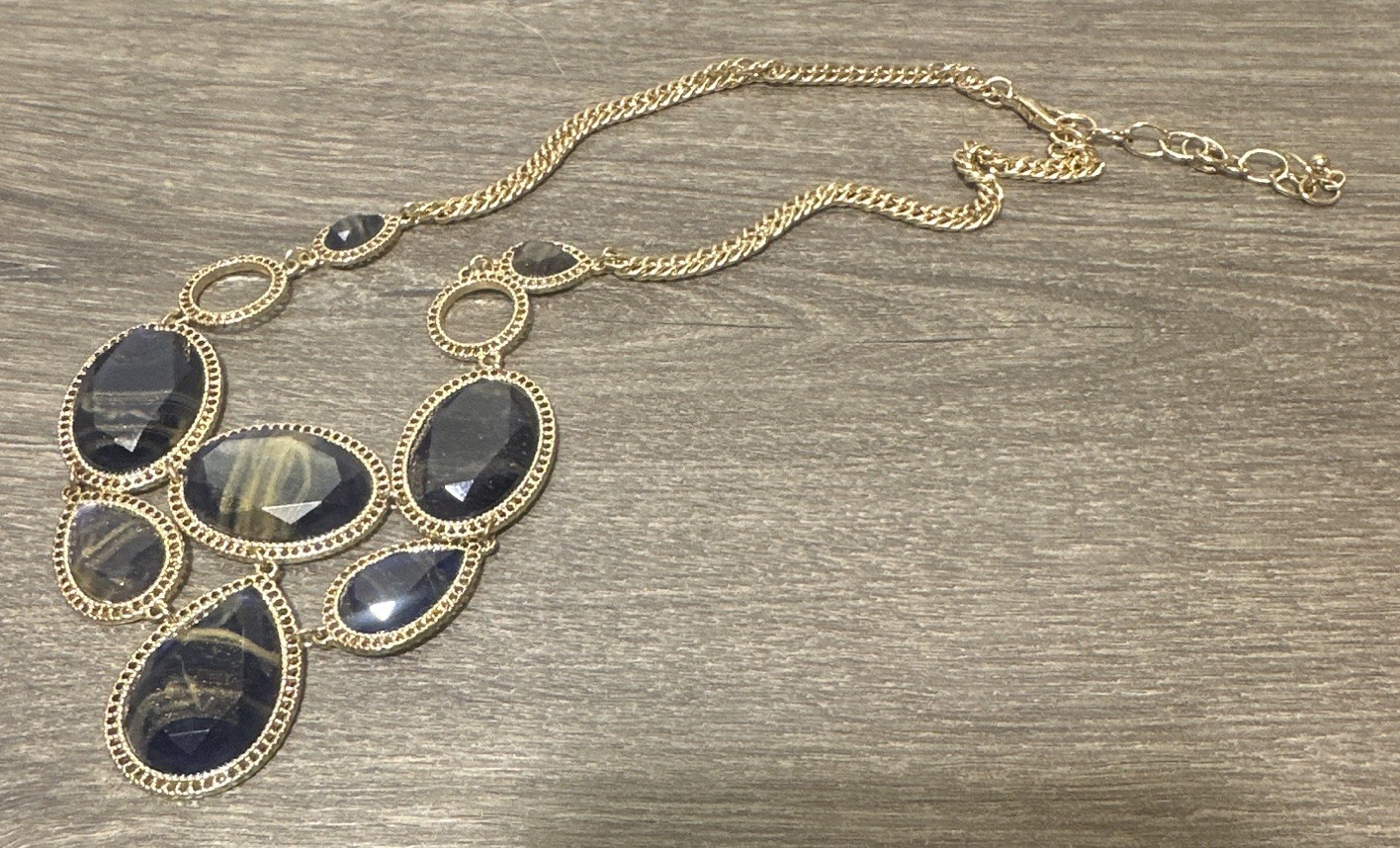 Gold Tone Blue & Gold Marble Faceted Oval Bezel Statement Necklace Adjustable
