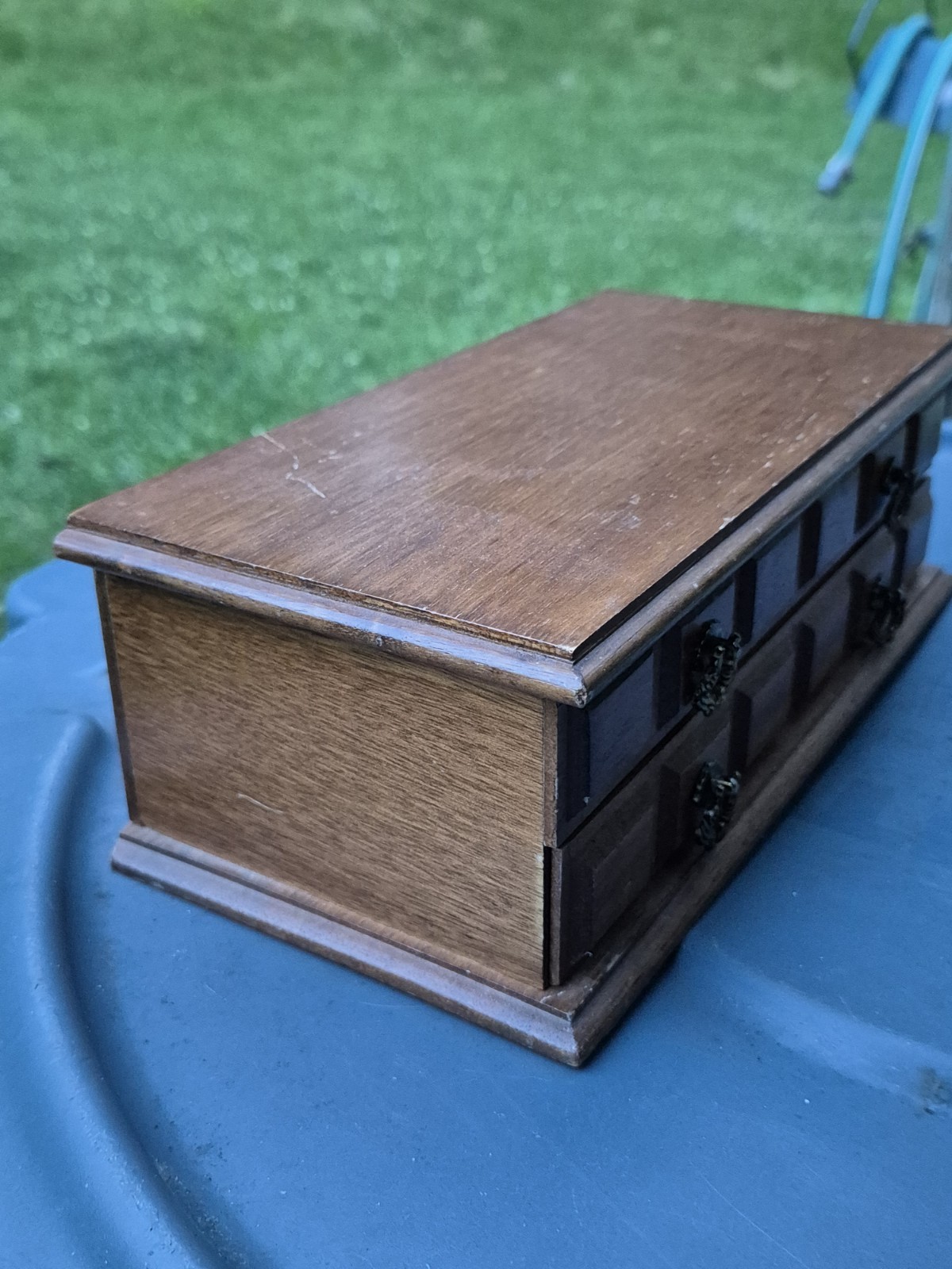 Vintage Wood Jewelry Box Mirror Mustard Yellow Corduroy Lining 2 Tier Organizer