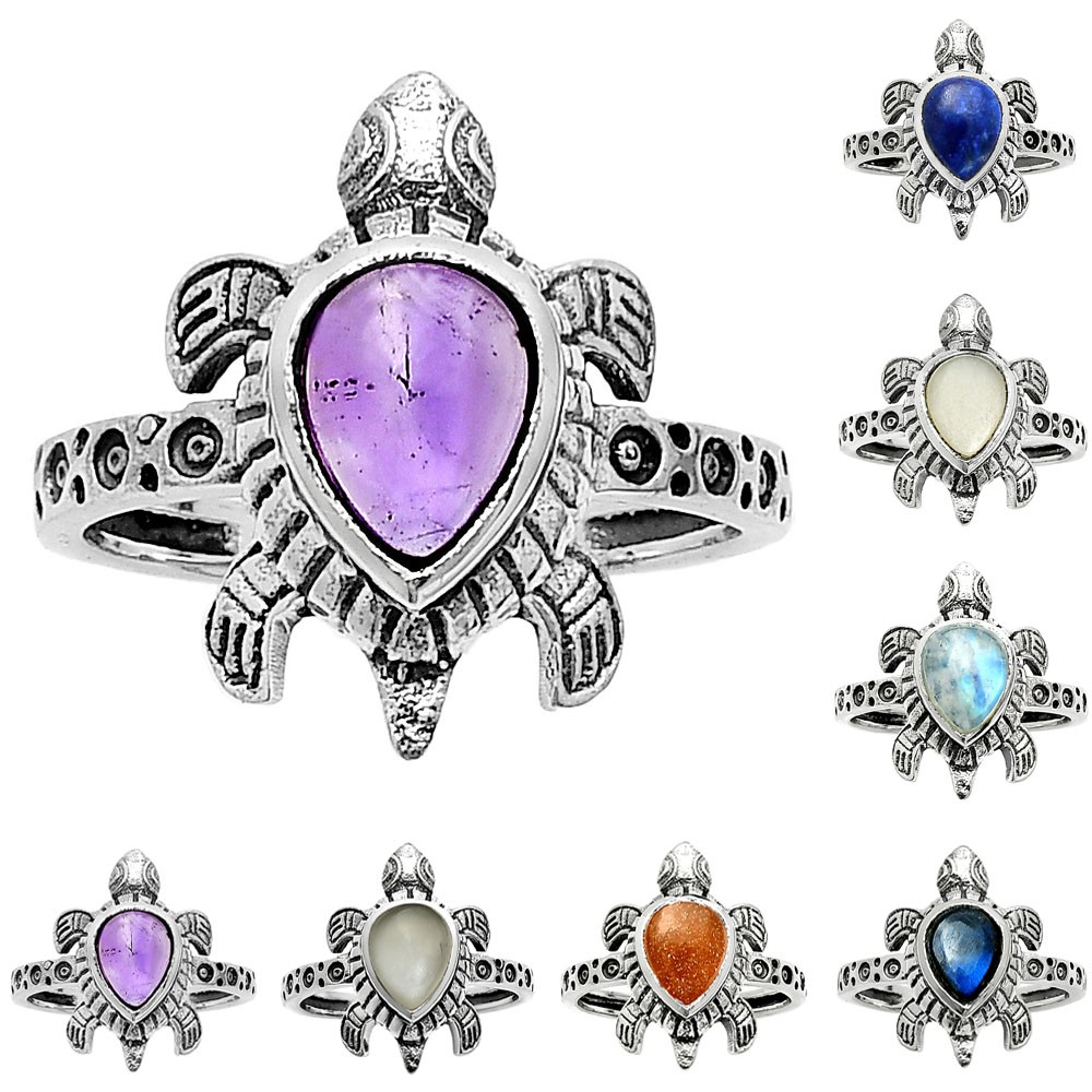 Handmade Turtle Design Multicolor Gemstone Ring in 925 Sterling Silver DGR1116