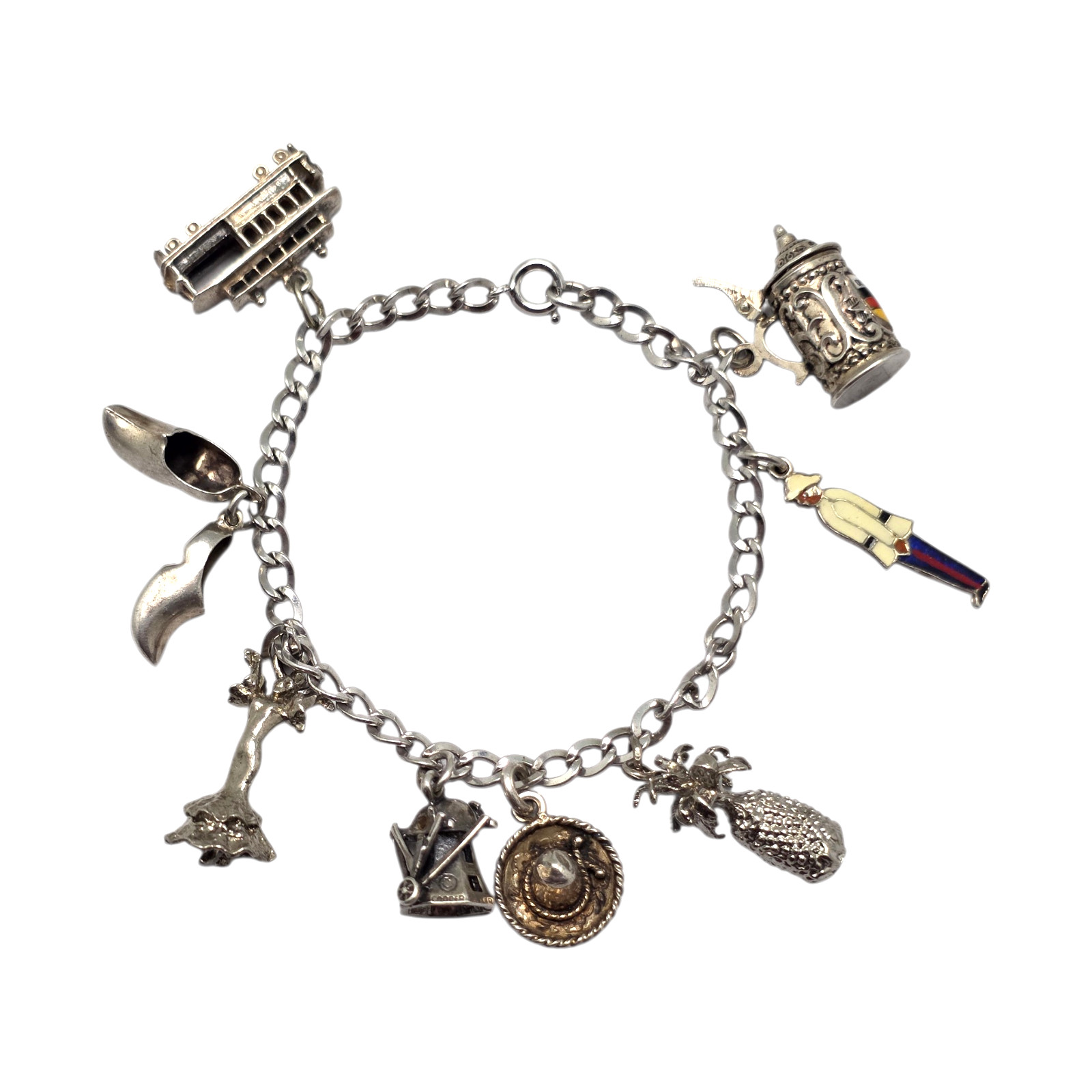 MID CENTURY 800 SILVER FRANCE AROUND THE WORLD 6″ CHARM BRACELET 22.4GR #1909