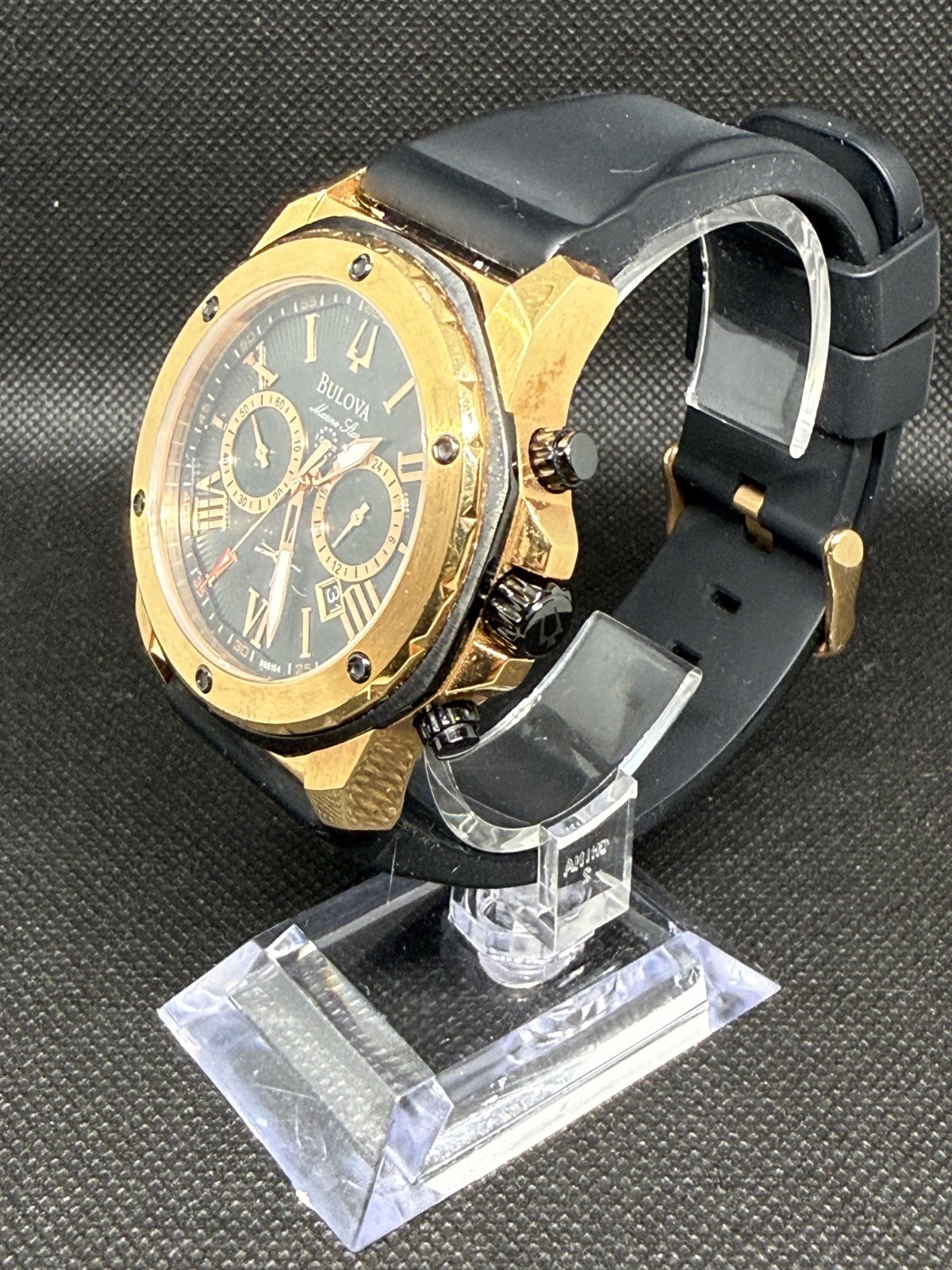 Bulova Marine Star 98B104 Mens Watch Gold Case Blk Rubber Strap 44mm Running