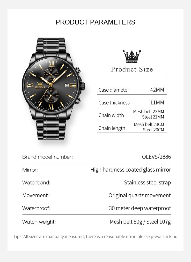 OLEVS 2886 Luminous Multifunctional Male Popular Steel Classic Quartz Watch