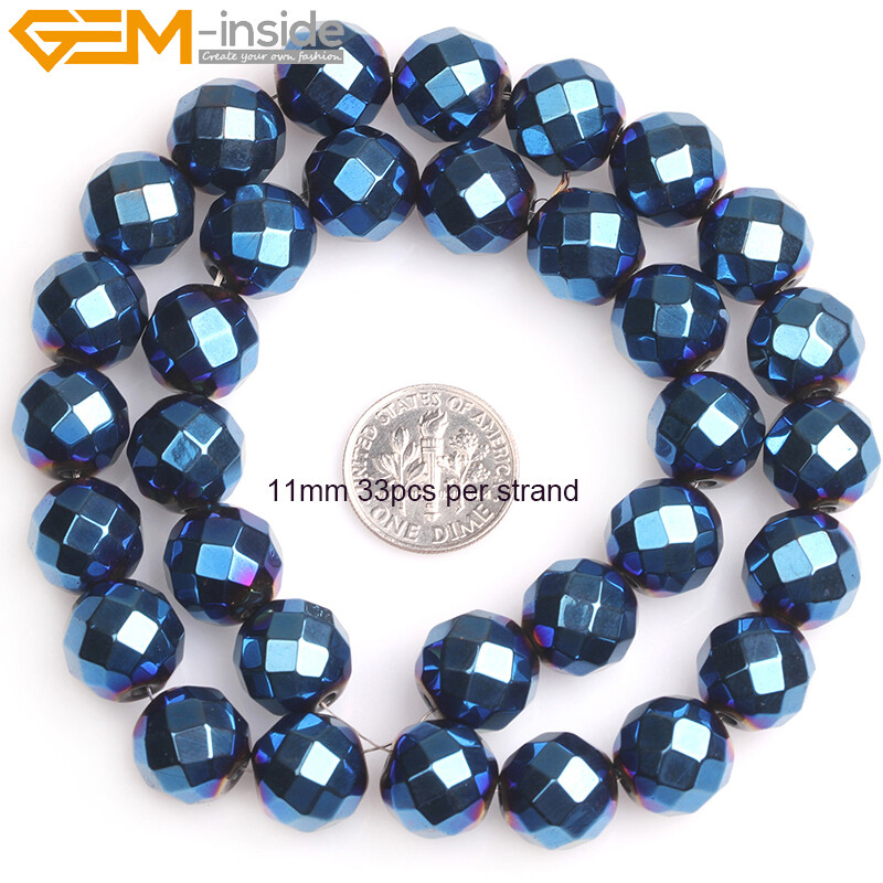 Round Blue Metallic Coated Hematite Faceted Stone Loose Beads Jewelry Making 15‘