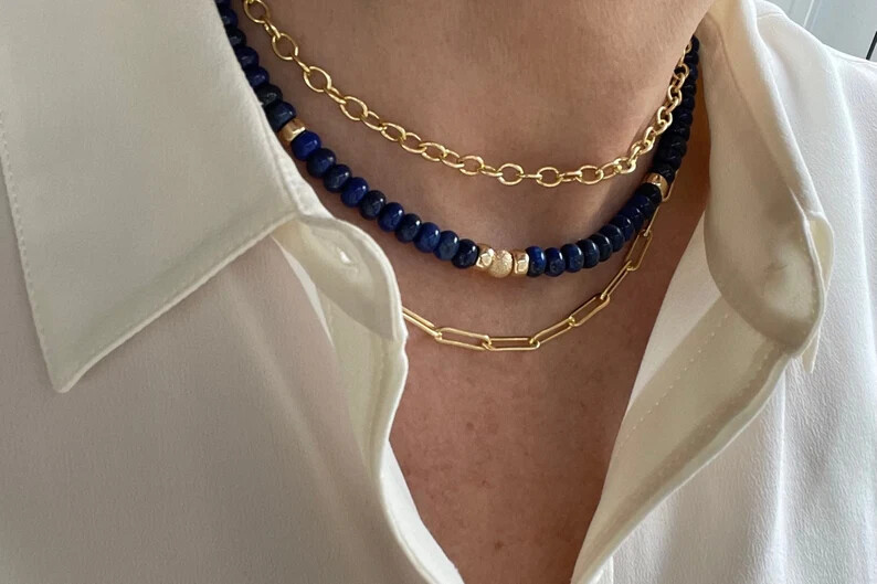 6mm Blue Lapis Lazuli & Gold Filled Modern Beaded Gemstone Choker Necklace