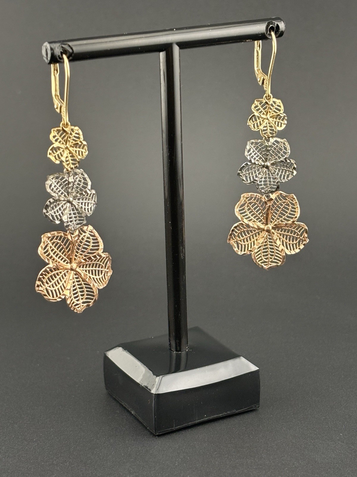 AK 925 Sterling Silver Turkey Tri Color Filigree Flower Dangle Earrings