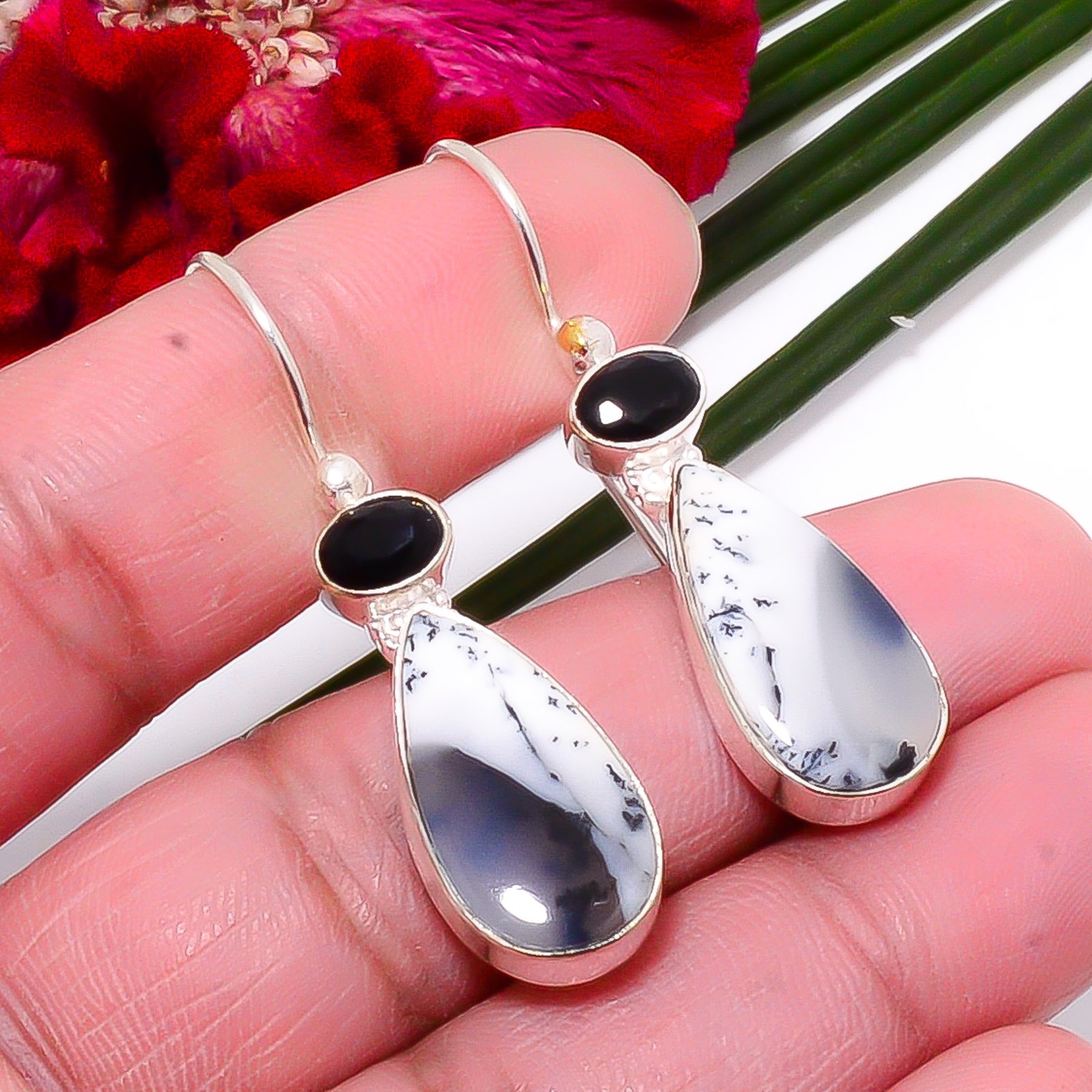 Dendritic Agate – Brazil & Black Onyx 925 Sterling Silver Earring 1.79″ Sku8