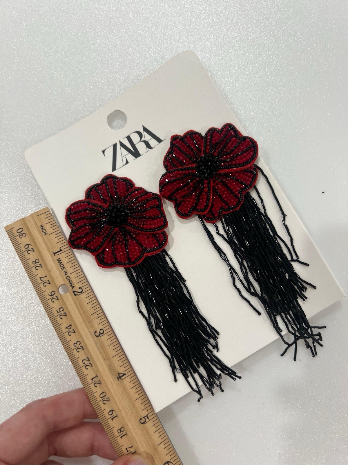 New Zara Woman Floral Beaded Earrings Dark Red Burgundy Black