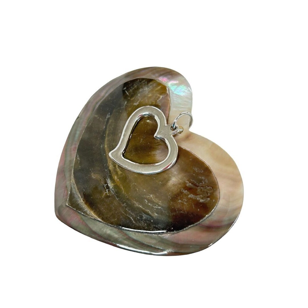 Heart Shaped Shell Silvertone Statement Pendant Brown 2.5″