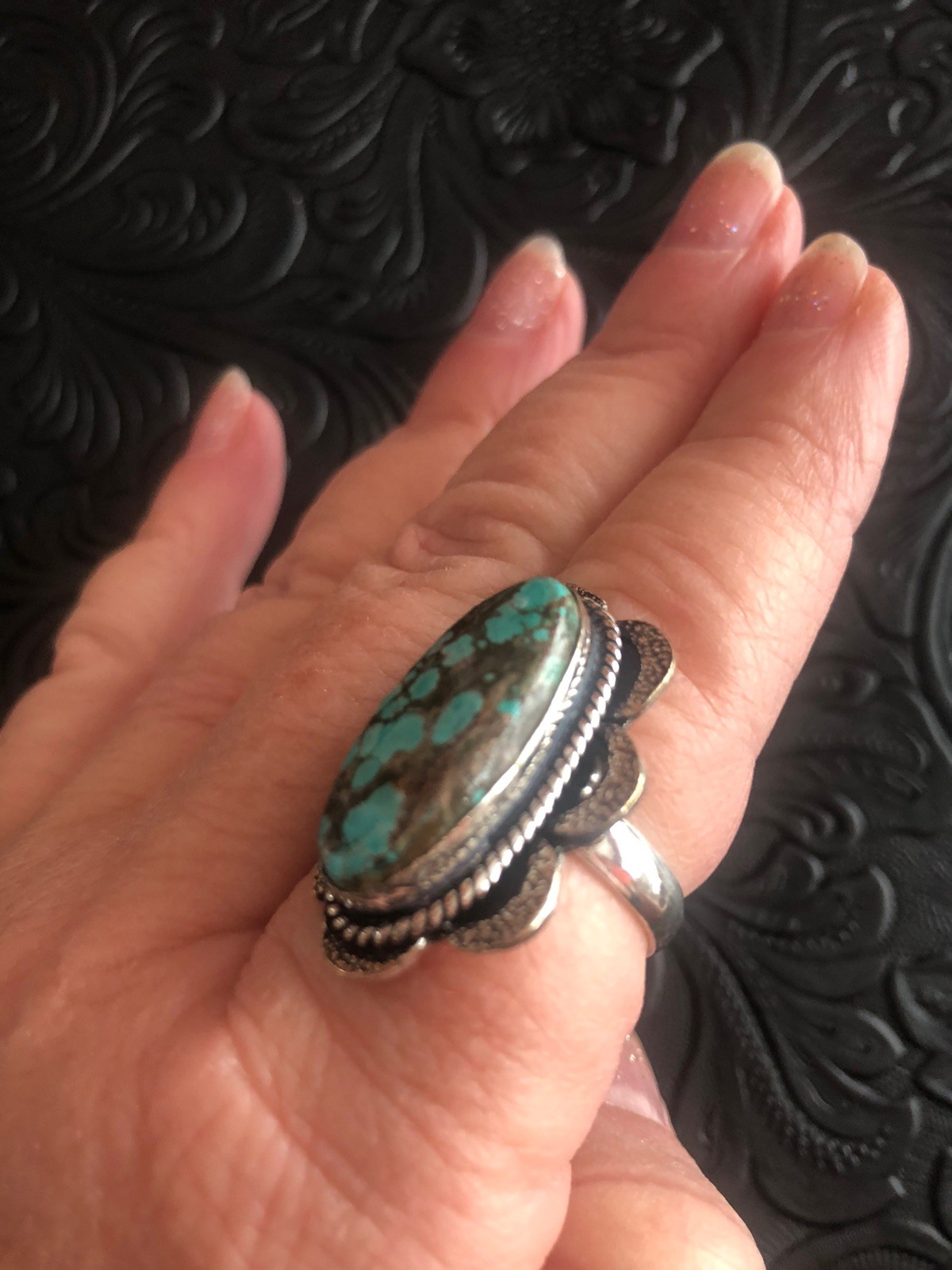 Blue Turquoise Ring Size 8.5 Flower Motif Web Matrix Artisan Southwest