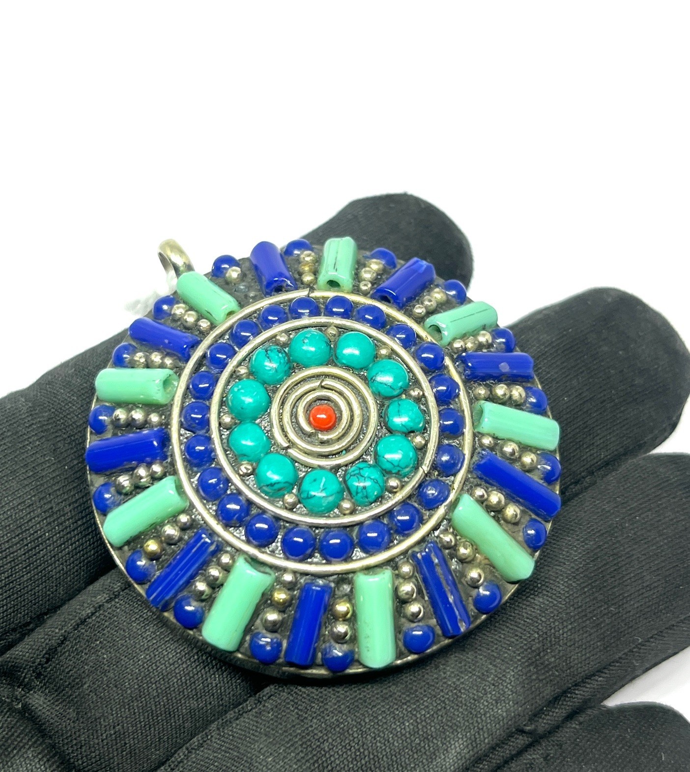Antique Lapis Turquoise Gemstone Tibetan Statement Pendant Jewelry, 2.0 inch