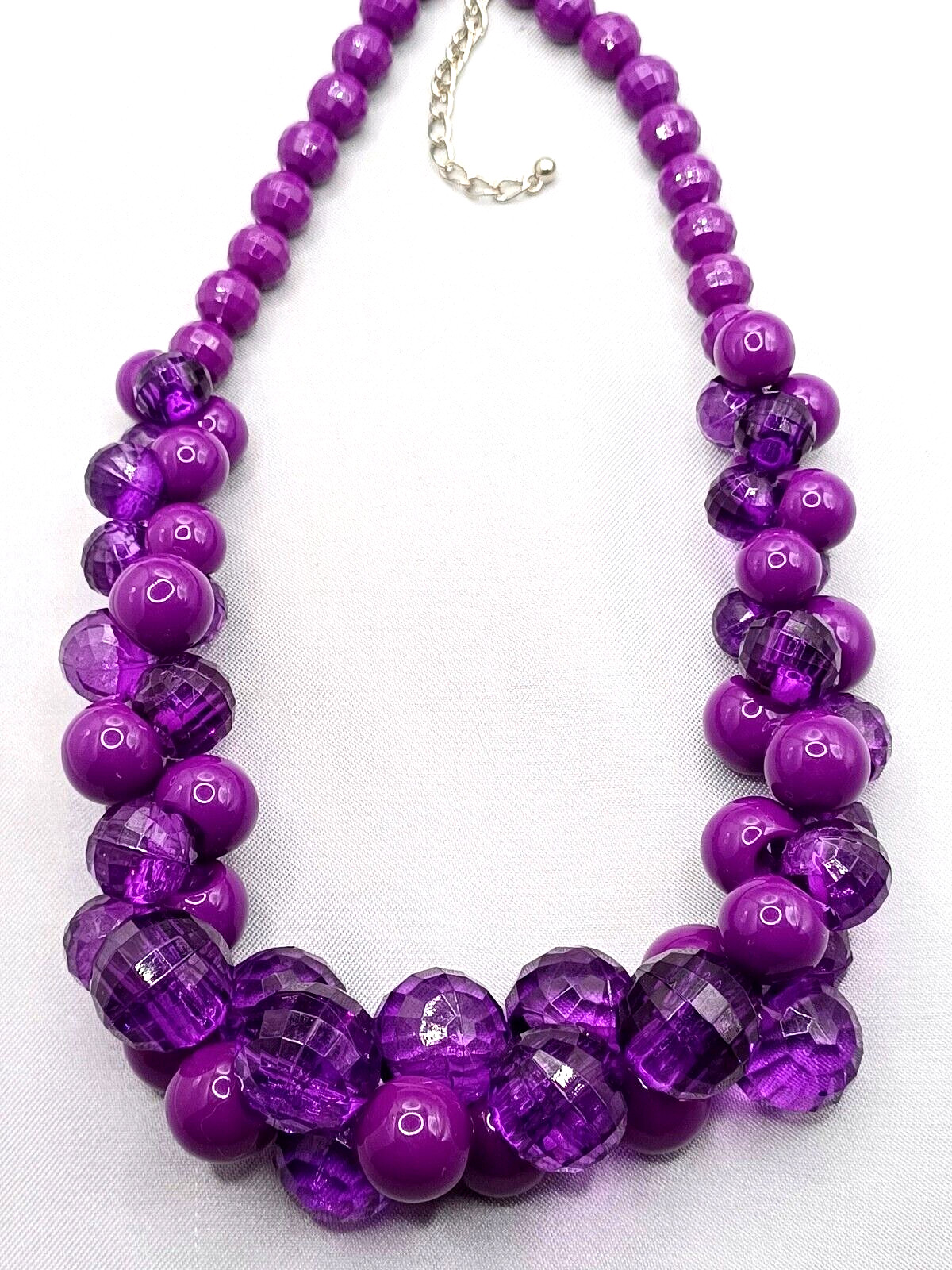 Purple Bauble Necklace Checkerboard Clear Facet and Opaque Smooth Beads 18-20″