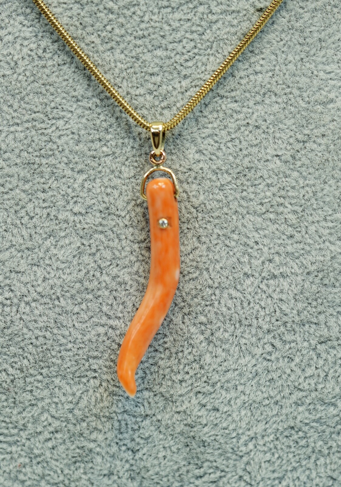 Victorian Chili Pepper Red Momo Coral Neck Pendant w Diamond Gold Mount 14K Bail