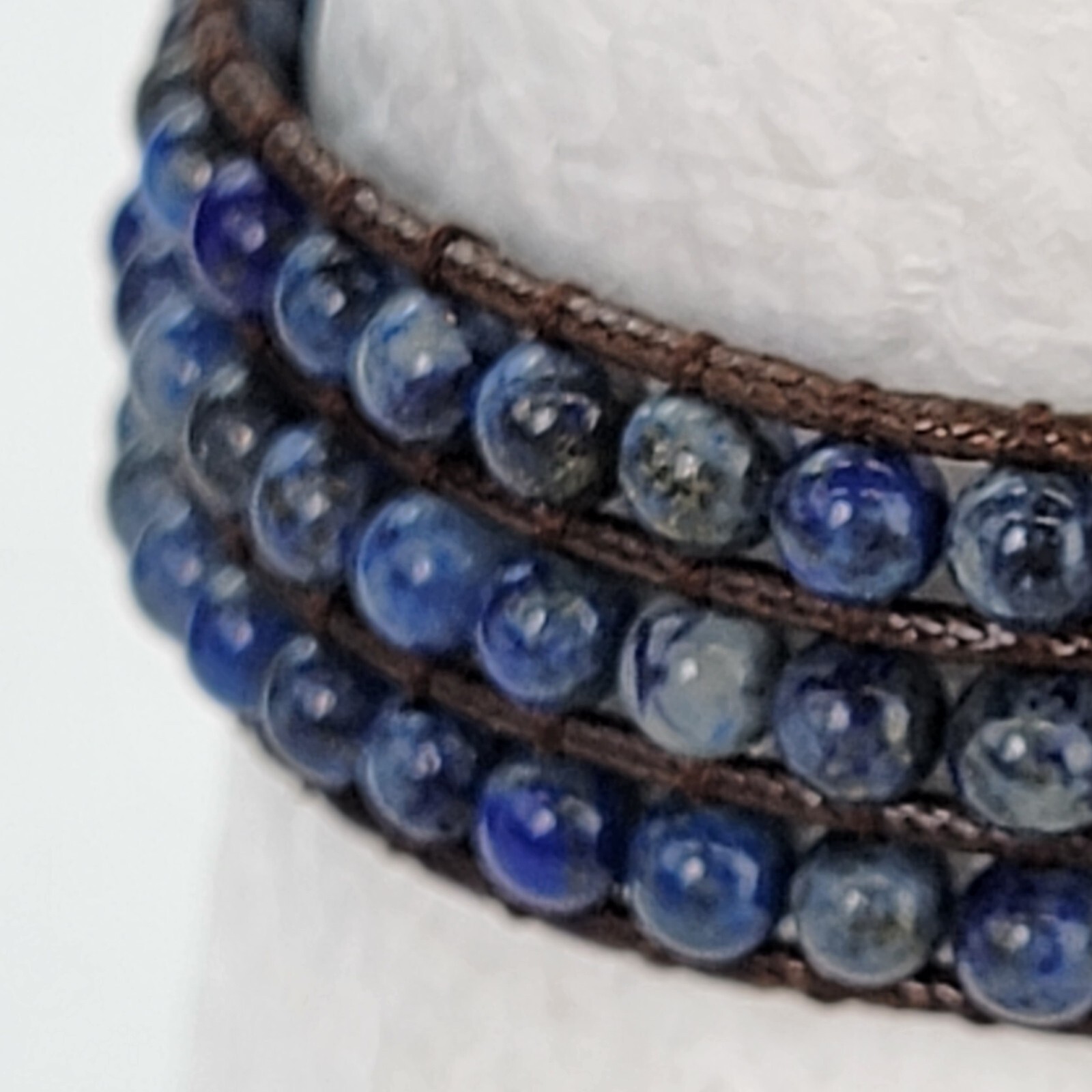 Lapis Lazuli Beaded Wrap Bracelet 6.5″ Brown Leather Cord Toggle Clasp Boho
