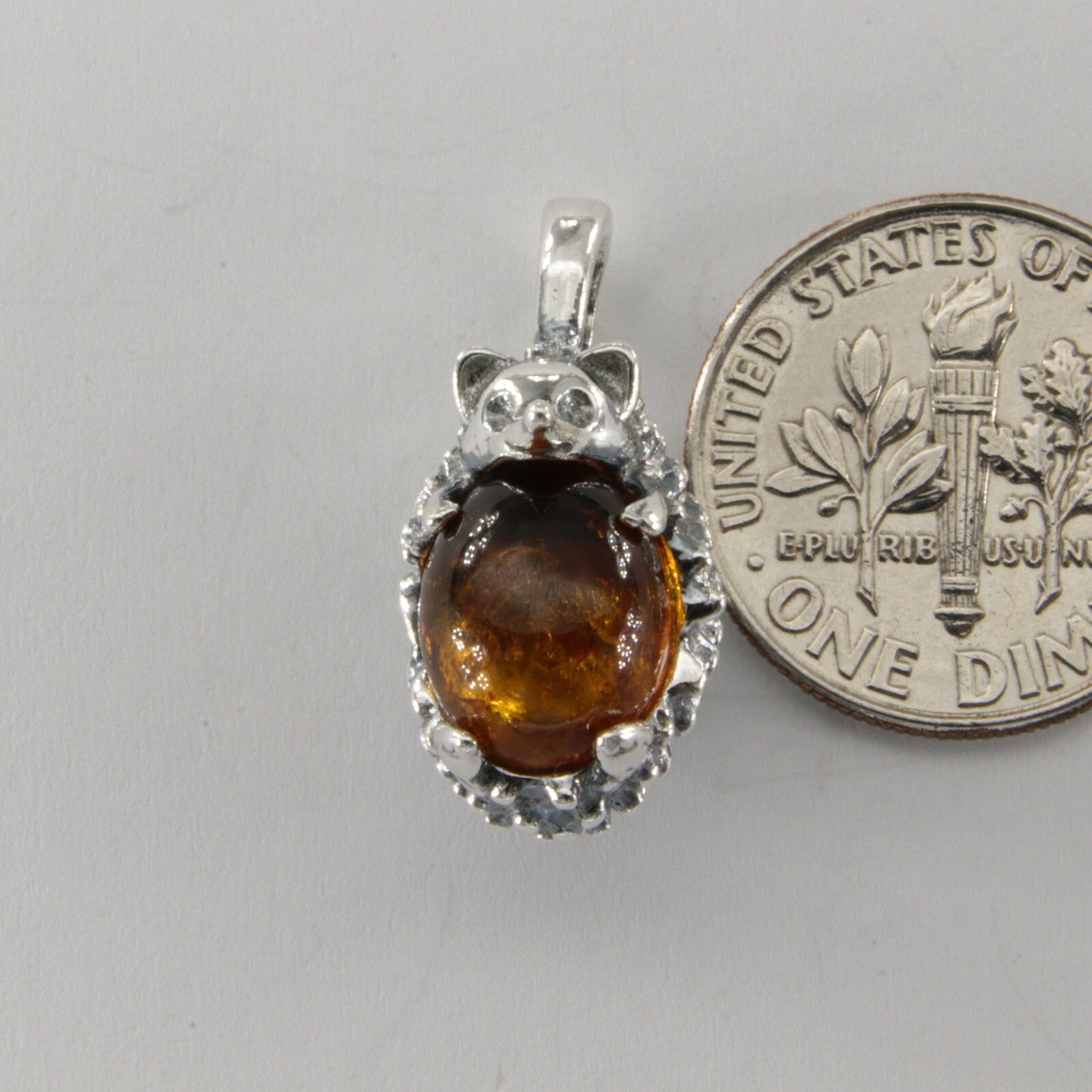 Cognac / Brown BALTIC AMBER Hedgehog Pendant 925 STERLING SILVER Poland #5250e