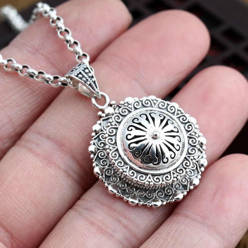 S925 Silver ORNATE LOCKET Pill Box Pattern Hollow Pendant Vintage Sun Mandala
