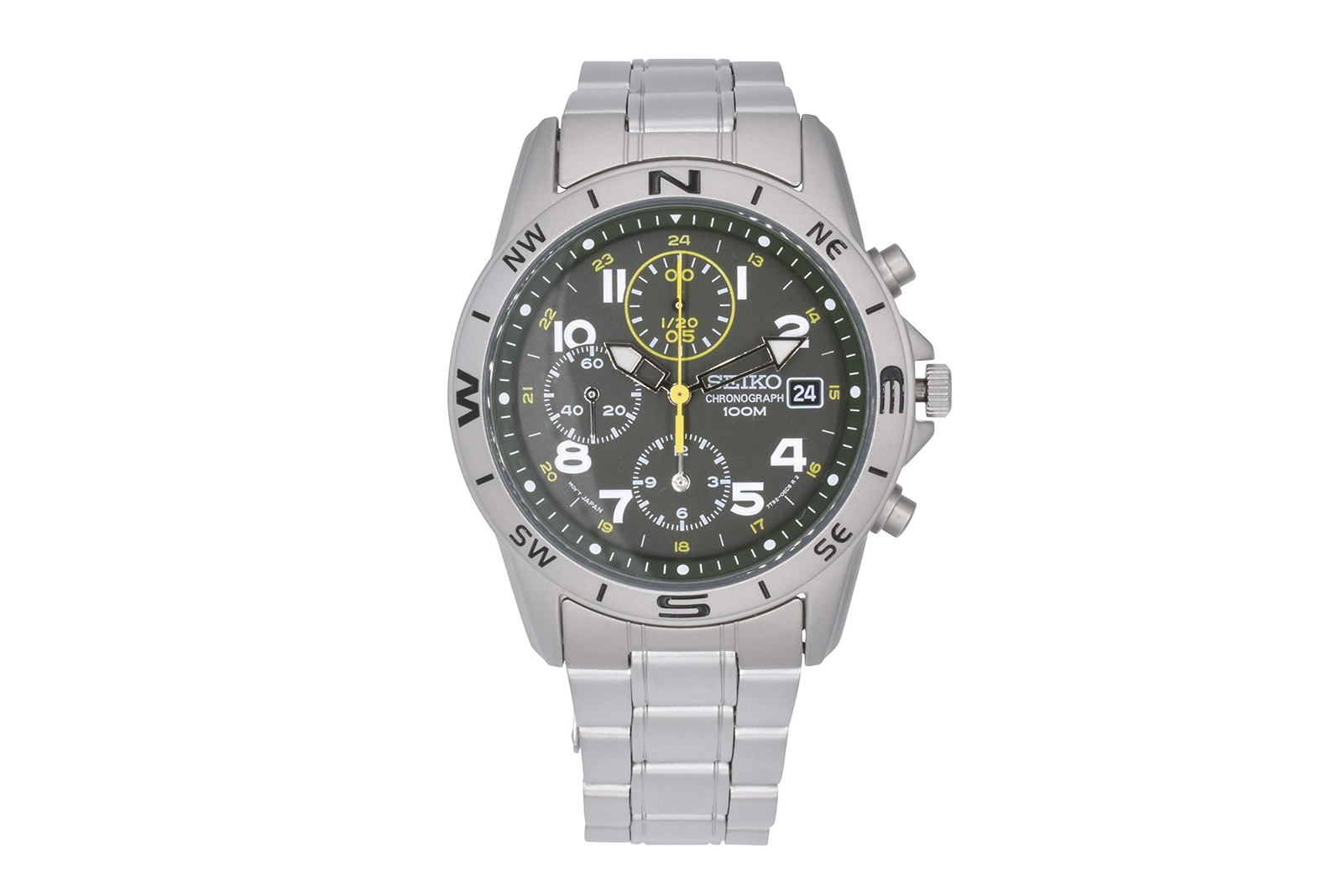SEIKO SND377P Field Watch Chronograph Date Green Dial Silver Case Waterproof
