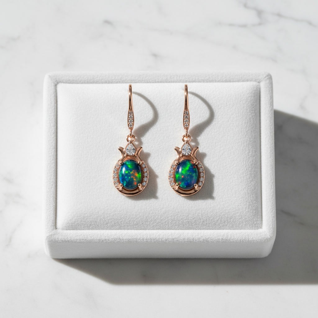 Black Fire Opal Dangle Earrings 6x8mm, 925 Sterling Silver Black Opal Earrings