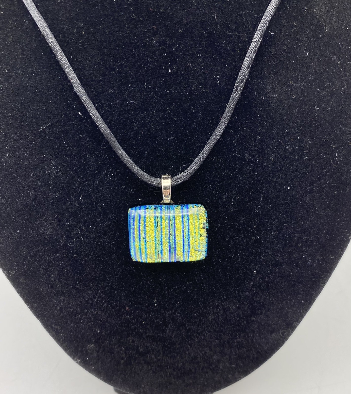 Artisan Dichroic Glass Necklace Rectangle Blue Green Gold Black Cord