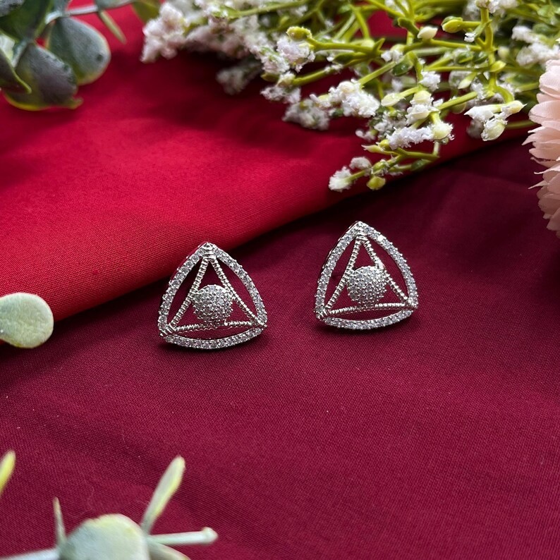 Geometric Triangle CZ Stud Earrings Silver Minimalist Women Fashion Jewelry
