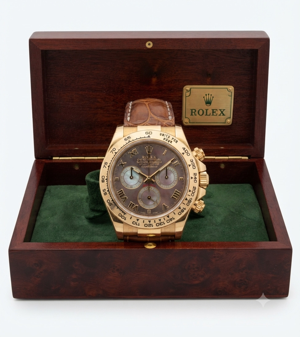 Rolex Daytona Yellow Gold Dark Mother of Pearl MOP Roman Black 116518 BOX PAPERS