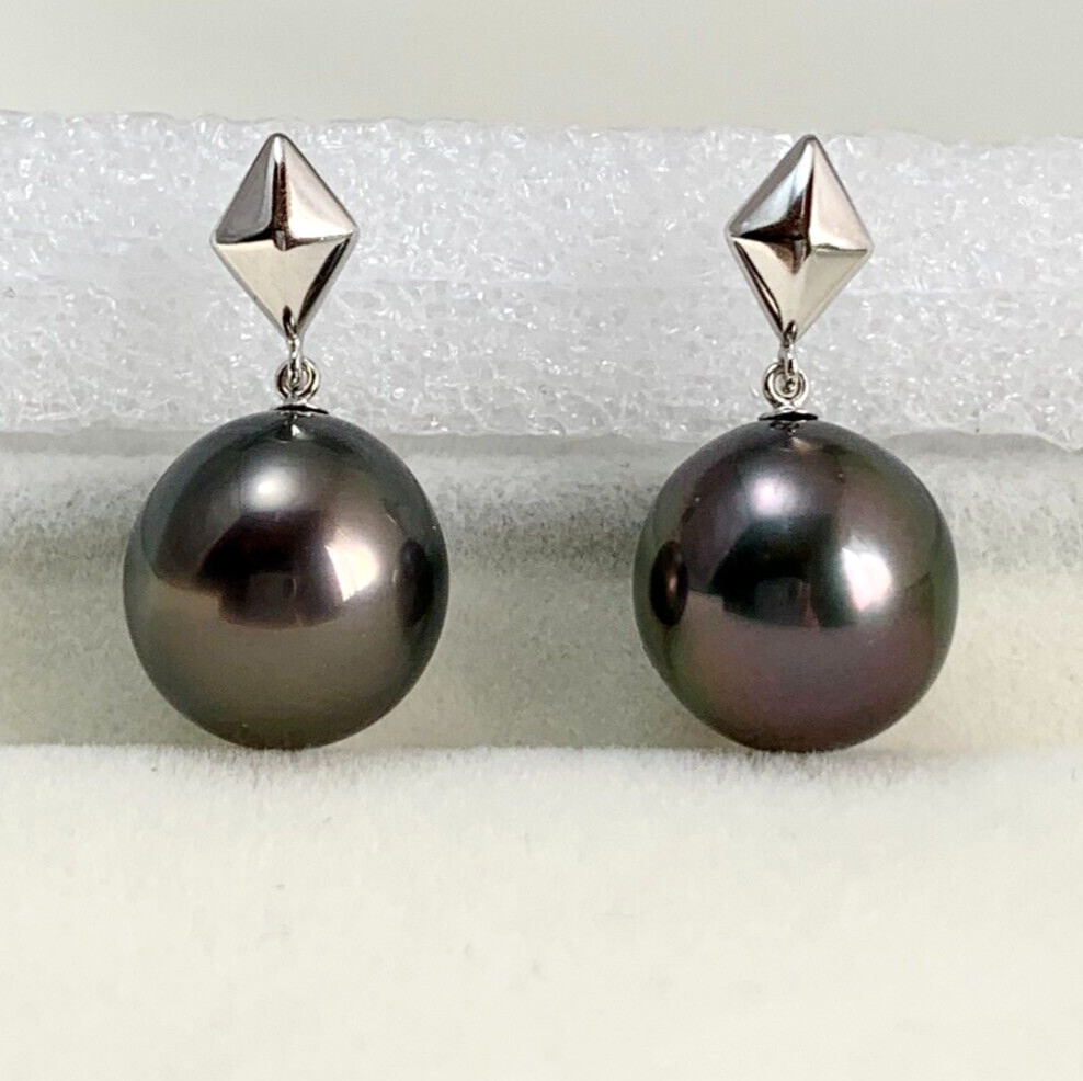 Big 10.3mm Round Black-Green Tahitian pearl drop earrings 14kt white gold