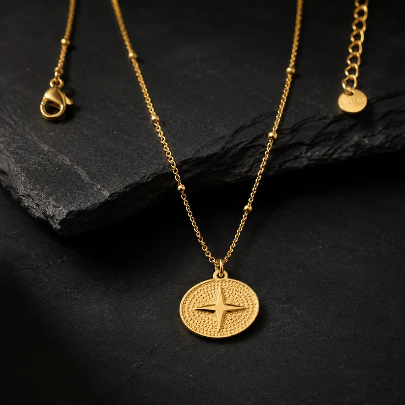 Elevated Pieces Men’s Gold Beaded Compass Pendant Necklace 18K PVD Steel