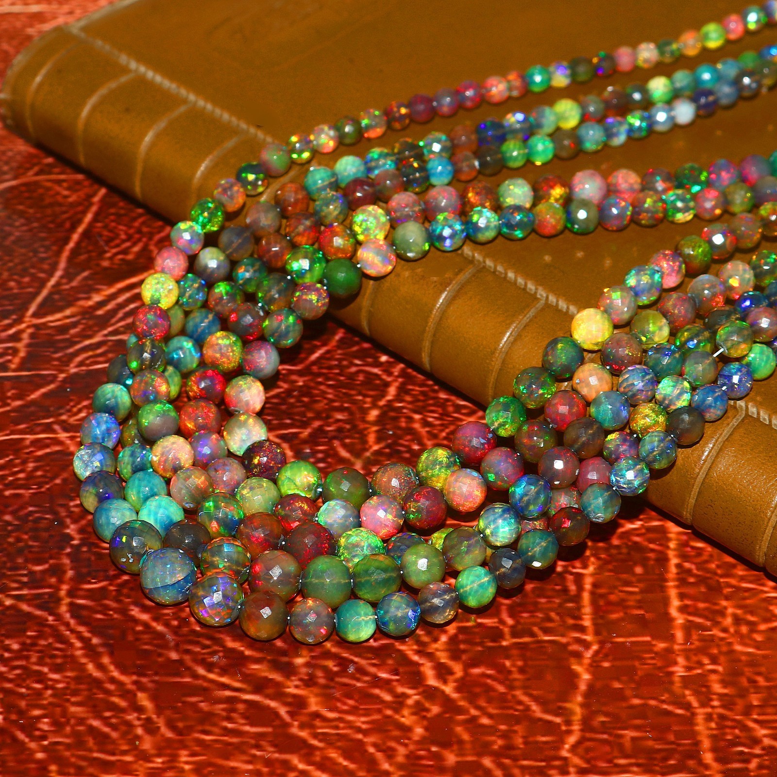Ethiopian Welo Opal Faceted Round Bead Necklace Multi-Color Play of Fire 561