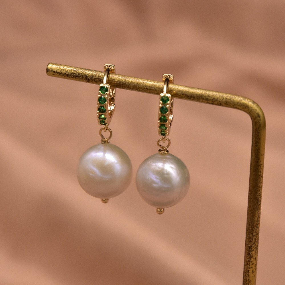 Ear Stud Simple Retro Green Zircon White South Sea Pearls 12-13mm Earrings 925S