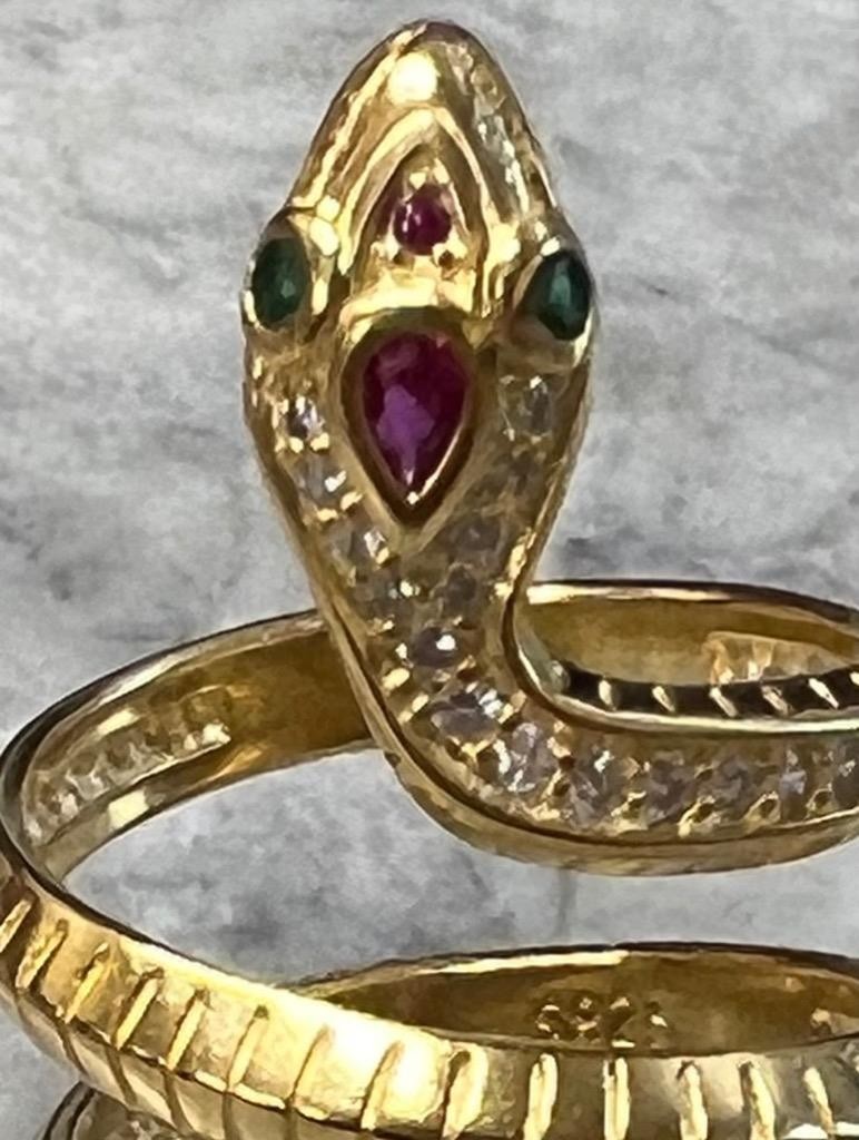 REAL Ruby Emerald Diamond Snake Ring 14K Y Gold on 925 wrap coiled Egyptian Rev