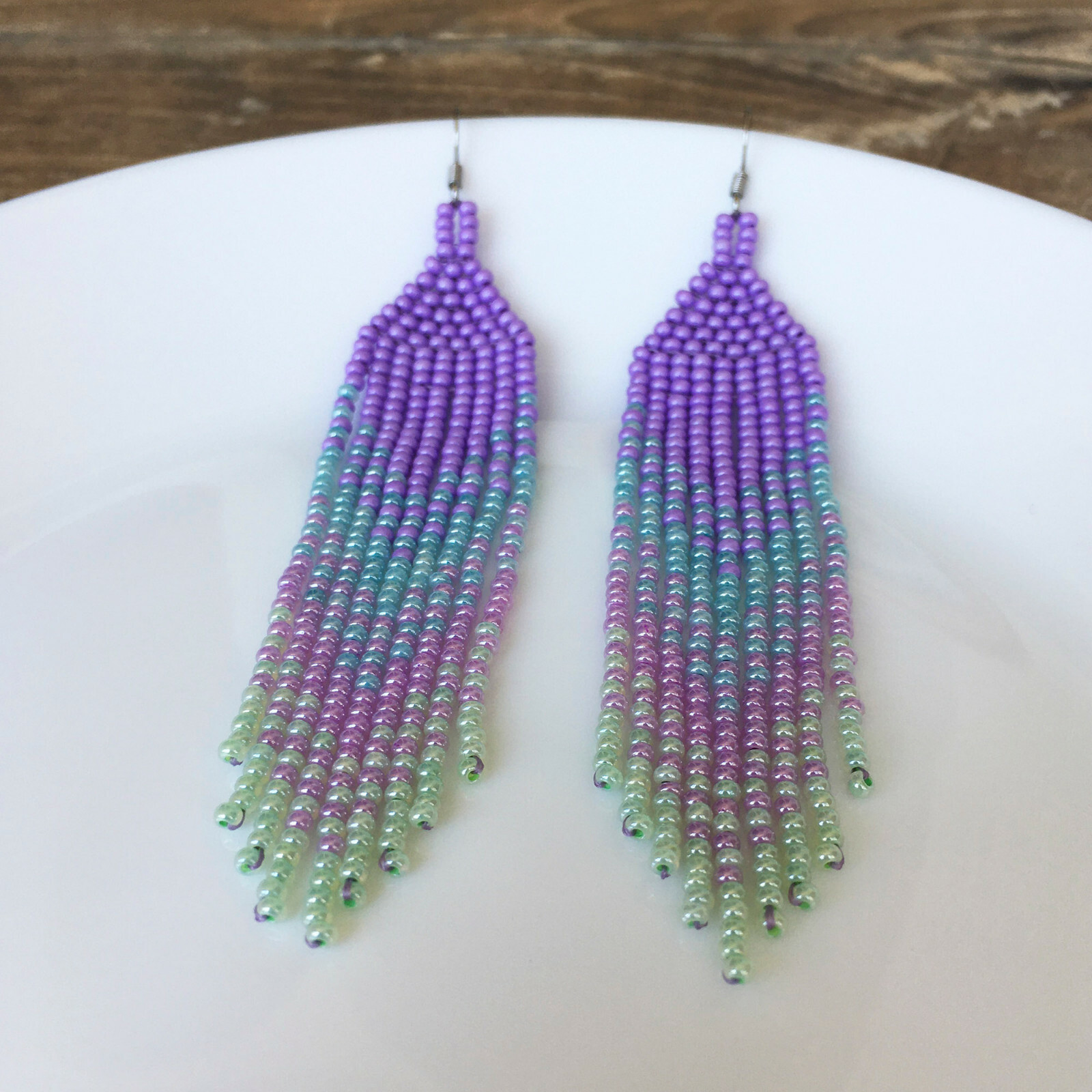Lavender blue gradient seed bead earrings, Lilac waterfall beaded earrings
