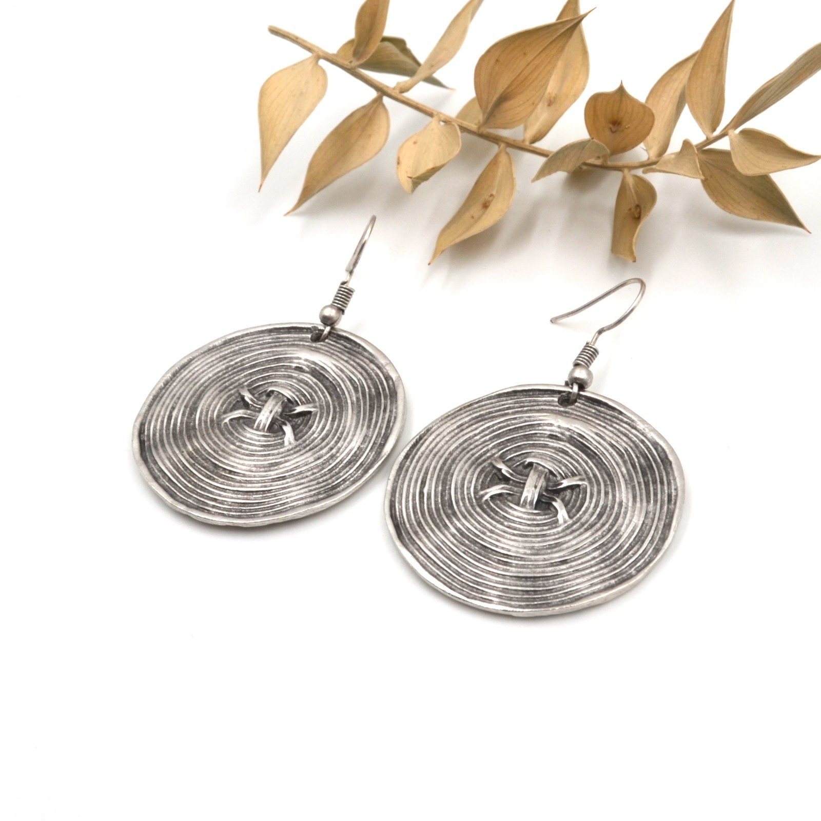 Boho Silver Spiral Disc Dangle Earrings Textured Round Statement Jewelry