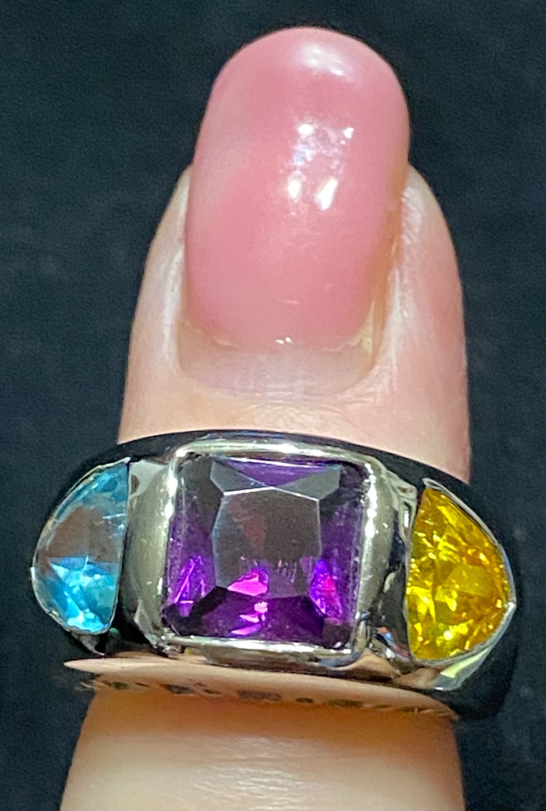 Modern Design Gemstone Ring Amethyst Topaz Citrine Size 7 SS J Mark