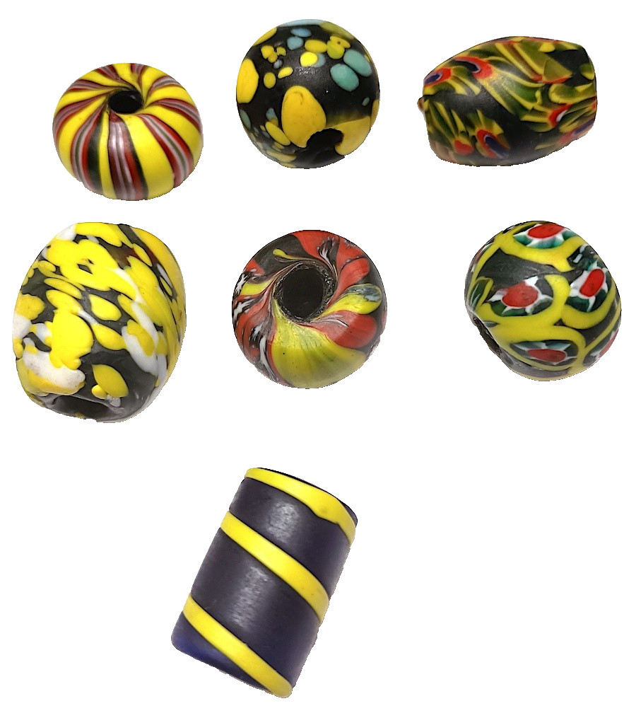 Beads, Glass, 7 Pieces, Asst, 13 mm to 22 mm, Yellow Tones, Large Beading Holes