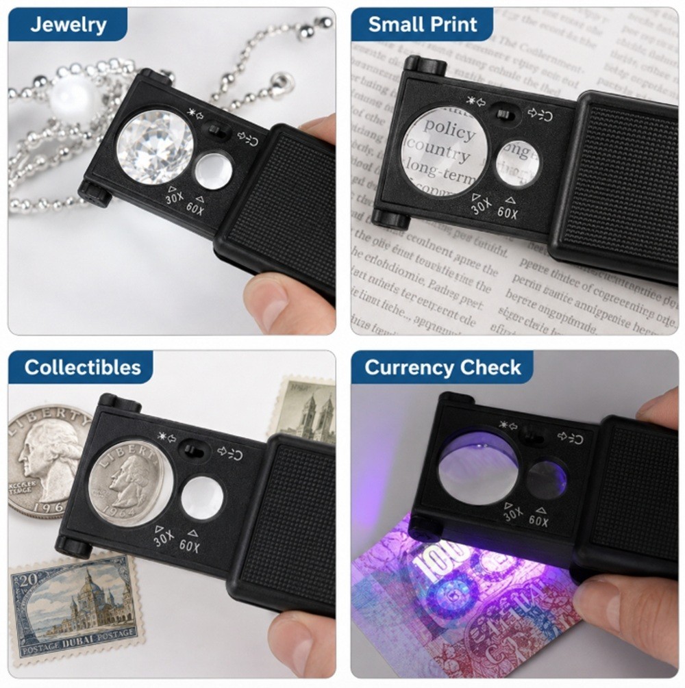 30X 60X Pocket Magnifier with LED Lighted Slide Out-Handheld Magnifying Glass
