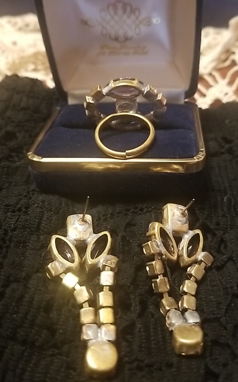 Antique, BIJOUX MG, Earrings&Ring Set, Rhinestones, Ring Size 8, Dark Pink, Gray