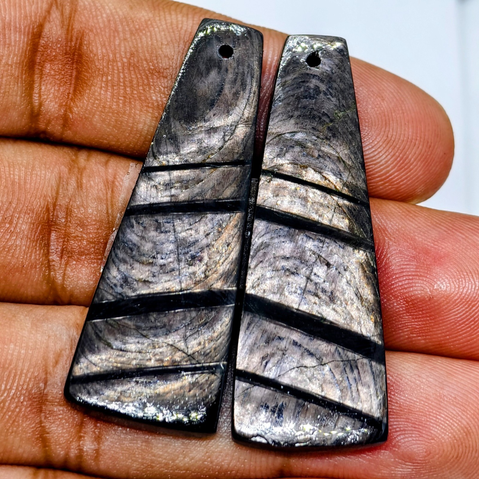 76 Cts Natural Hypersthene Drilled Match Pair Cabochon Gemstone 44.4 X 15.9 MM