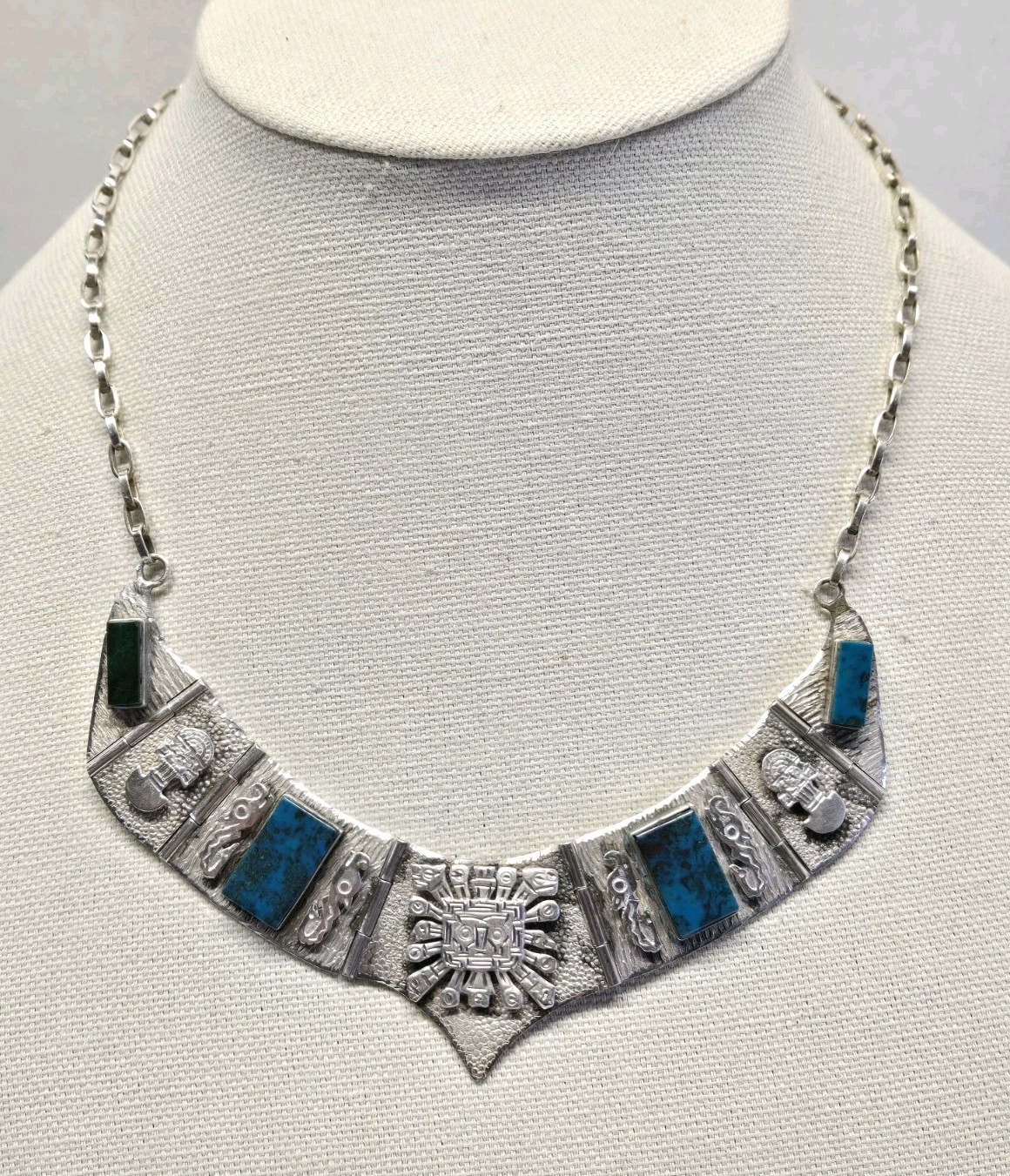 Sterling Silver Turquoise AZTEC MAYAN Paneled Collar Necklace 50g